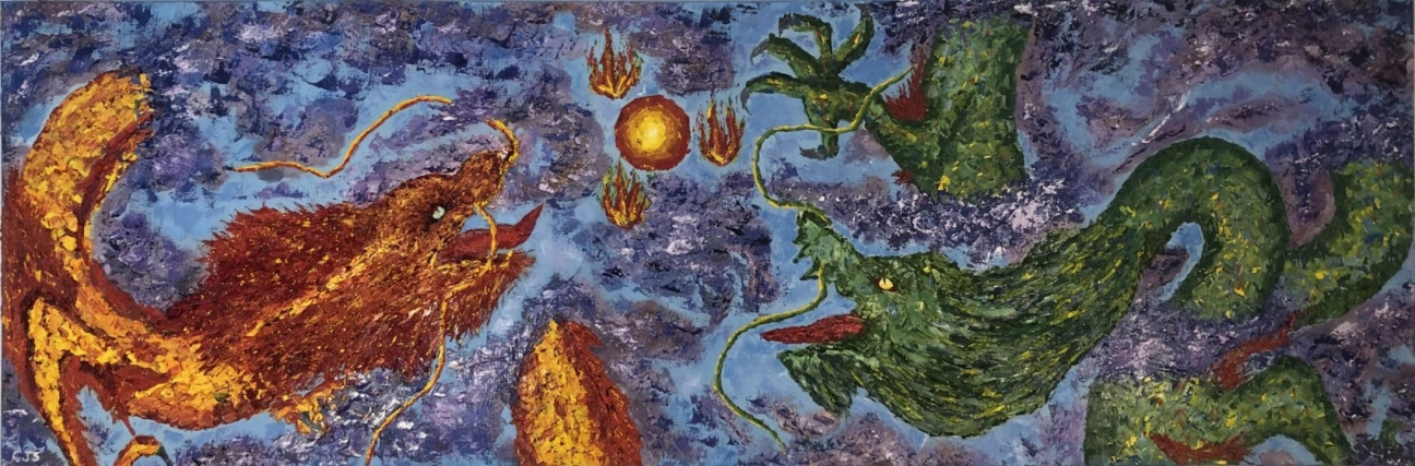 Dueling Dragons, 2019, Oil Paint on Canvas, 24″ x 72″